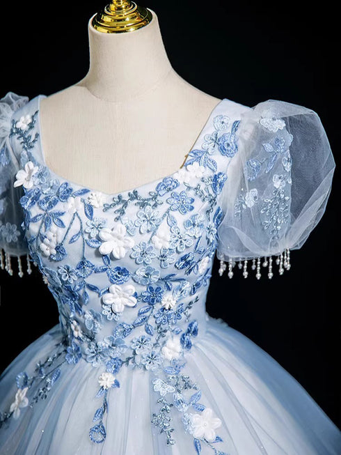 Light Blue Tulle with Lace Short Sleeves Party Dress, Light Blue Tulle Prom Dress